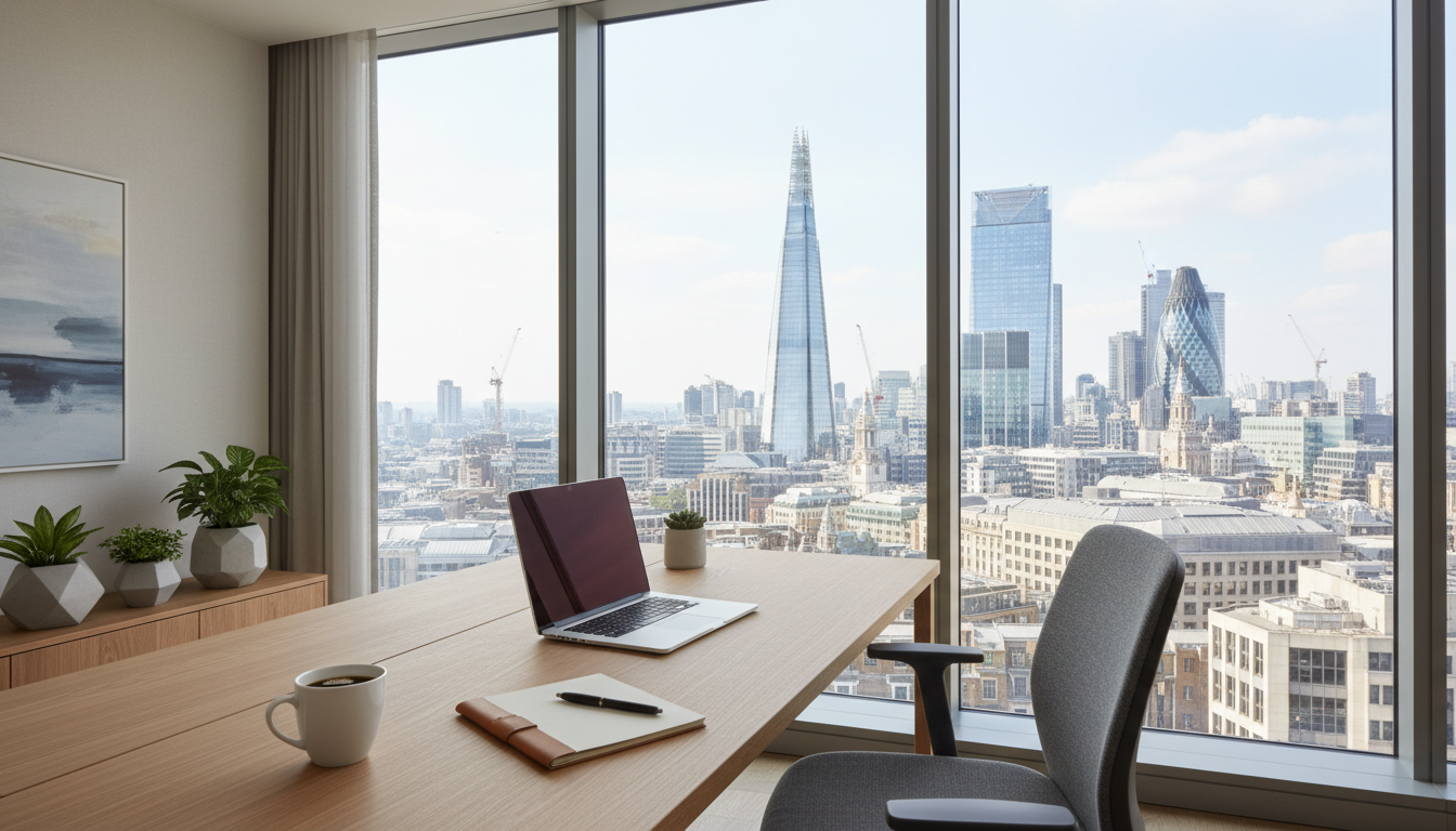 A professional and modern workspace in London with a view of the City's skyline through a large window, featuring a laptop, a cup of coffee, and a notepad on a clean wooden desk, photorealistic style, bright natural lighting.