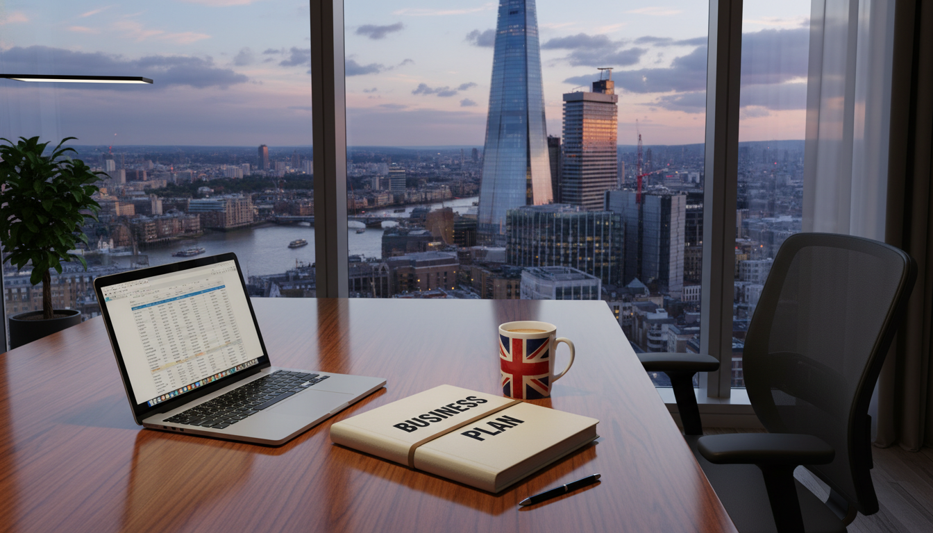 A realistic, high-quality photograph of a professional office desk in London with a view of the Shard in the background, featuring a laptop, a notebook with 'Business Plan' written on it, and a Union Jack mug.