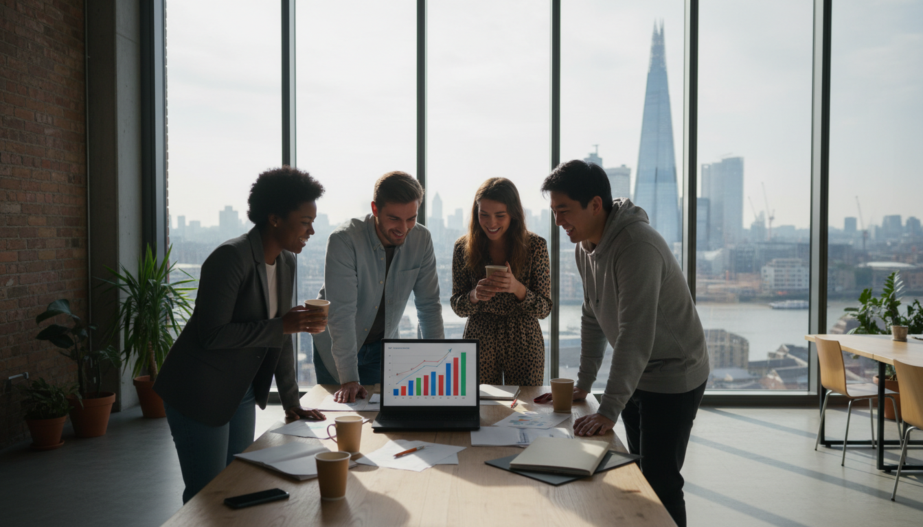 A diverse group of young entrepreneurs in a modern, sunlit London co-working space, with the Shard and London skyline visible through a large glass window in the background. They are casually dressed, smiling, drinking coffee, and looking at a laptop screen with business charts, high resolution, photorealistic style, soft natural lighting.