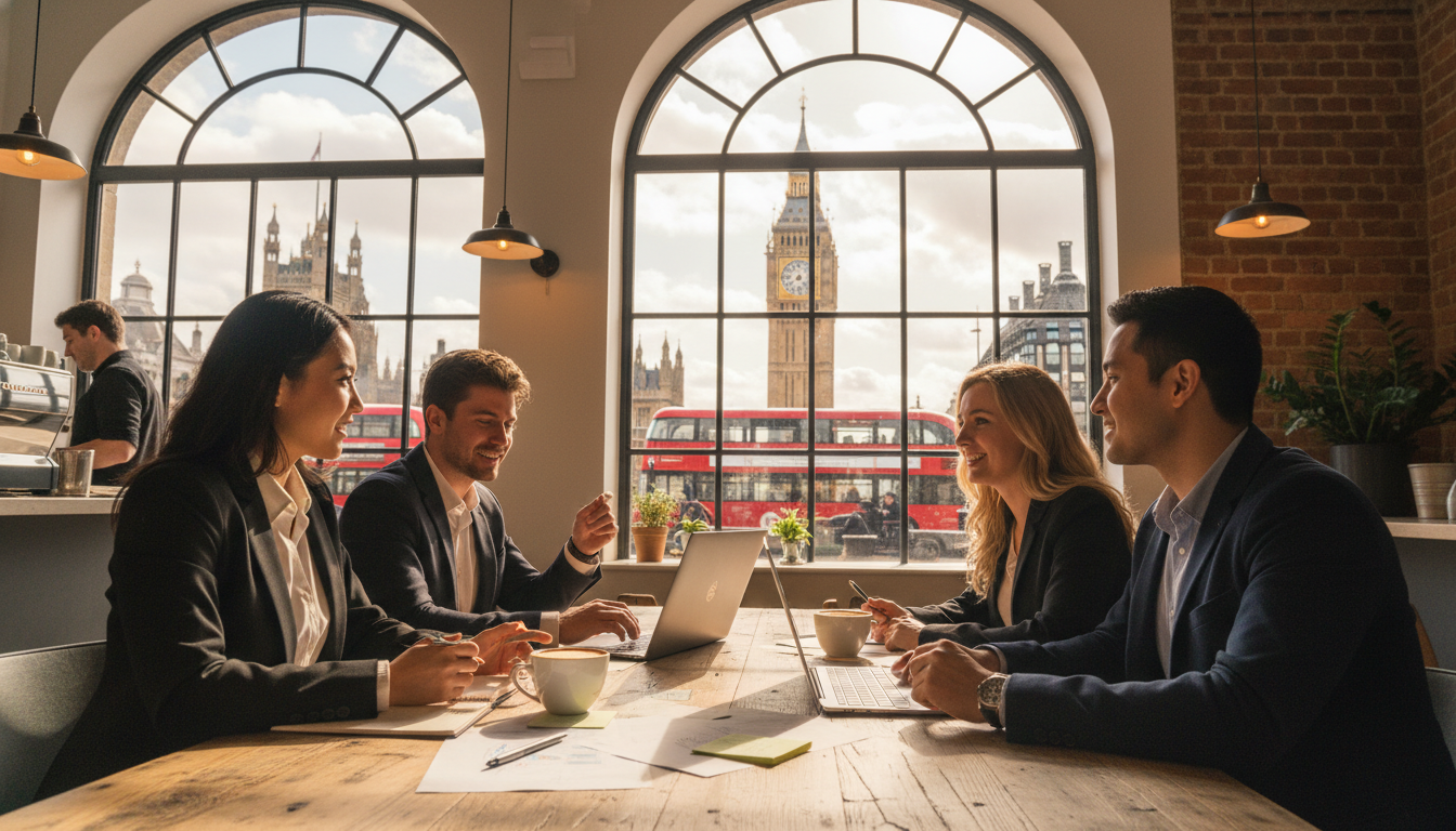 A diverse group of young professionals sitting in a modern, sunlit London cafe with laptops and coffee, brainstorming business ideas with Big Ben visible through the window, photorealistic, 8k resolution.