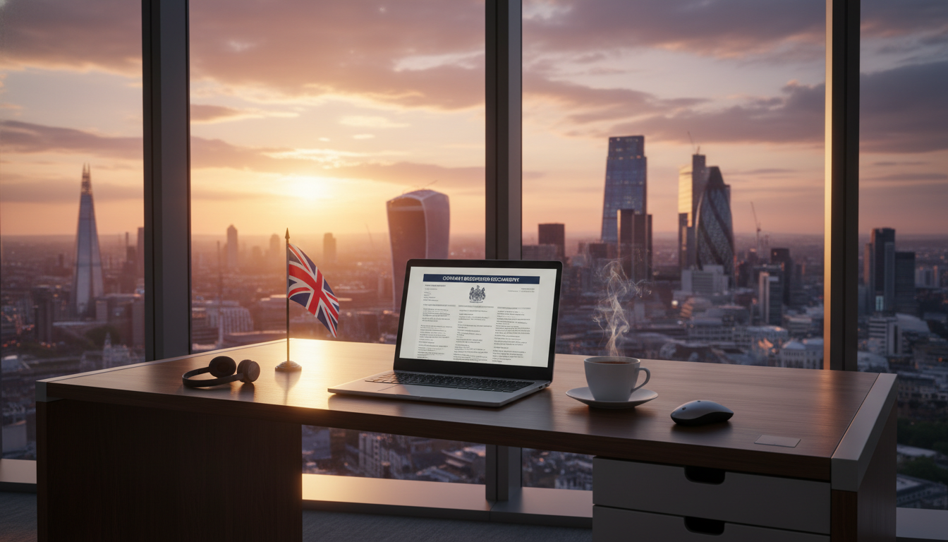 A photorealistic and detailed image of a sleek modern office desk in a London skyscraper overlooking the iconic City of London skyline at sunset, with a high-end laptop showing registration documents, a cup of English tea, and a small British flag on the table.