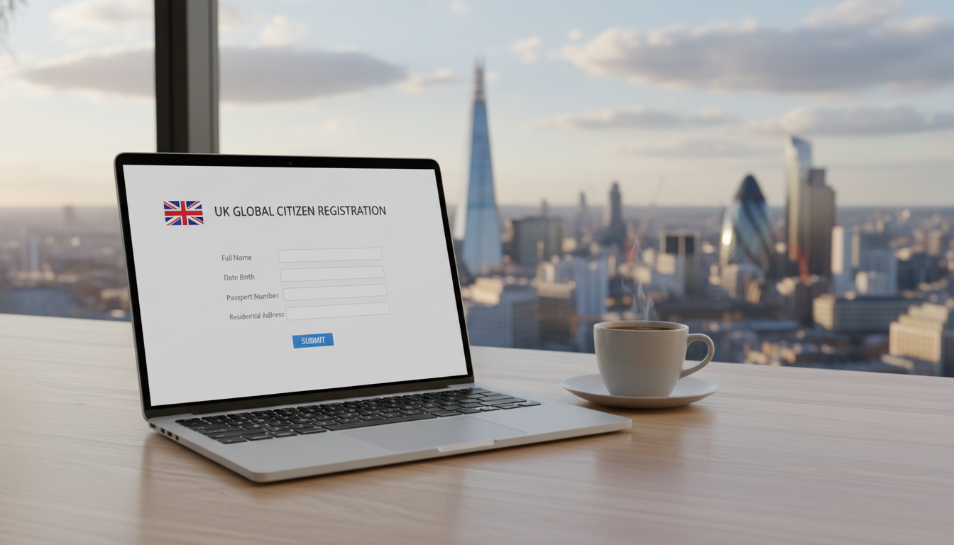 A high-quality, photorealistic image of a sleek laptop on a modern wooden desk, showing a British flag icon and a digital registration form, with a cup of coffee and a view of the London skyline through a window in the background.