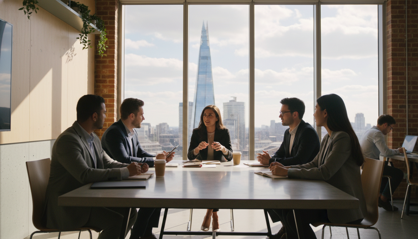 A diverse group of young professional entrepreneurs having a casual meeting in a modern, sunlit co-working space in London with a view of the Shard through the window, photorealistic, 8k resolution, cinematic lighting.