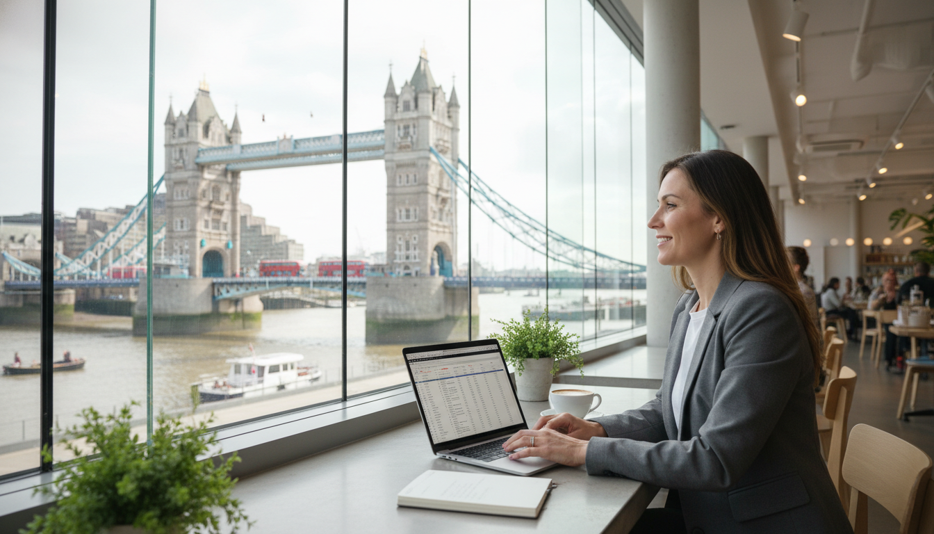 A photorealistic, high-resolution shot of a modern entrepreneur sitting in a bright, minimalist London cafe with a laptop, looking out at the Tower Bridge through a large glass window, capturing an atmosphere of professional freedom and success.