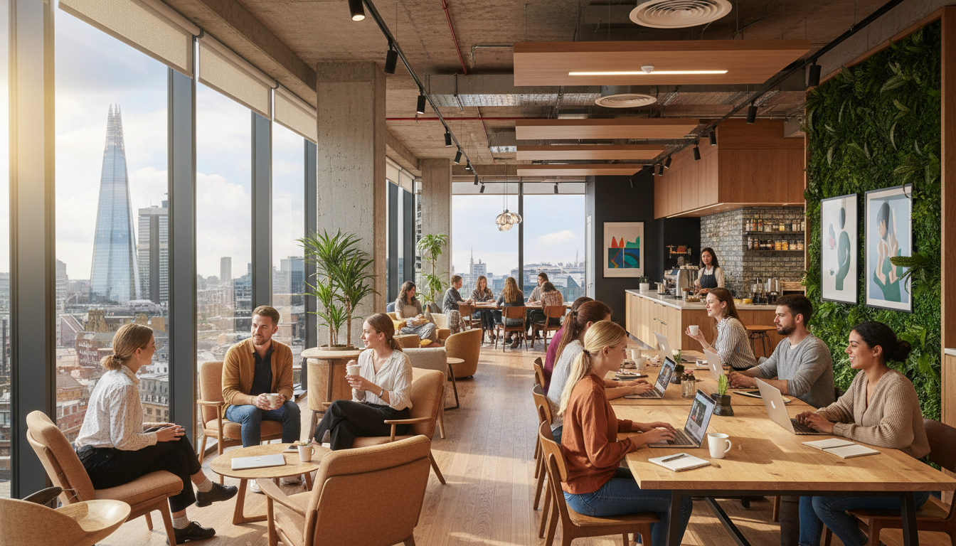 A photorealistic, wide-angle shot of a modern co-working space in central London with the Shard visible through the window, featuring a diverse group of young professionals working on laptops and chatting over coffee in a bright, sunlit room.