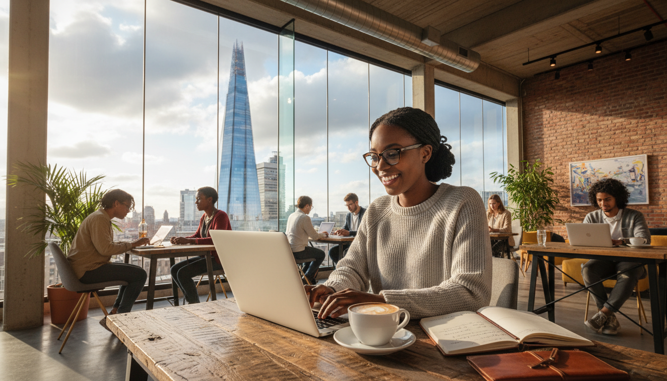 A wide-angle, photorealistic shot of a modern, sunlit co-working space in London with the Shard building visible through a large glass window. An ethnically diverse entrepreneur is smiling while working on a sleek laptop, with a cup of latte and a leather-bound notebook on a rustic wooden table.